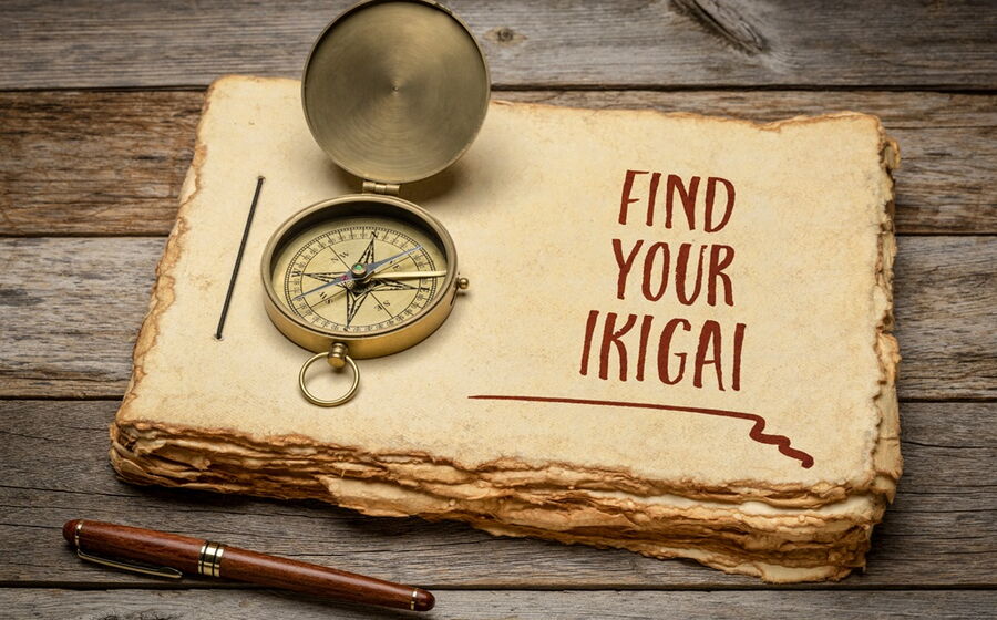 KI-Grafik: ein Stapel vergilbte Blätter auf denen ein Kompass liegt und "find your IKIGAI" stehe und einem alten Füller der davor auf dem Holztisch liegt